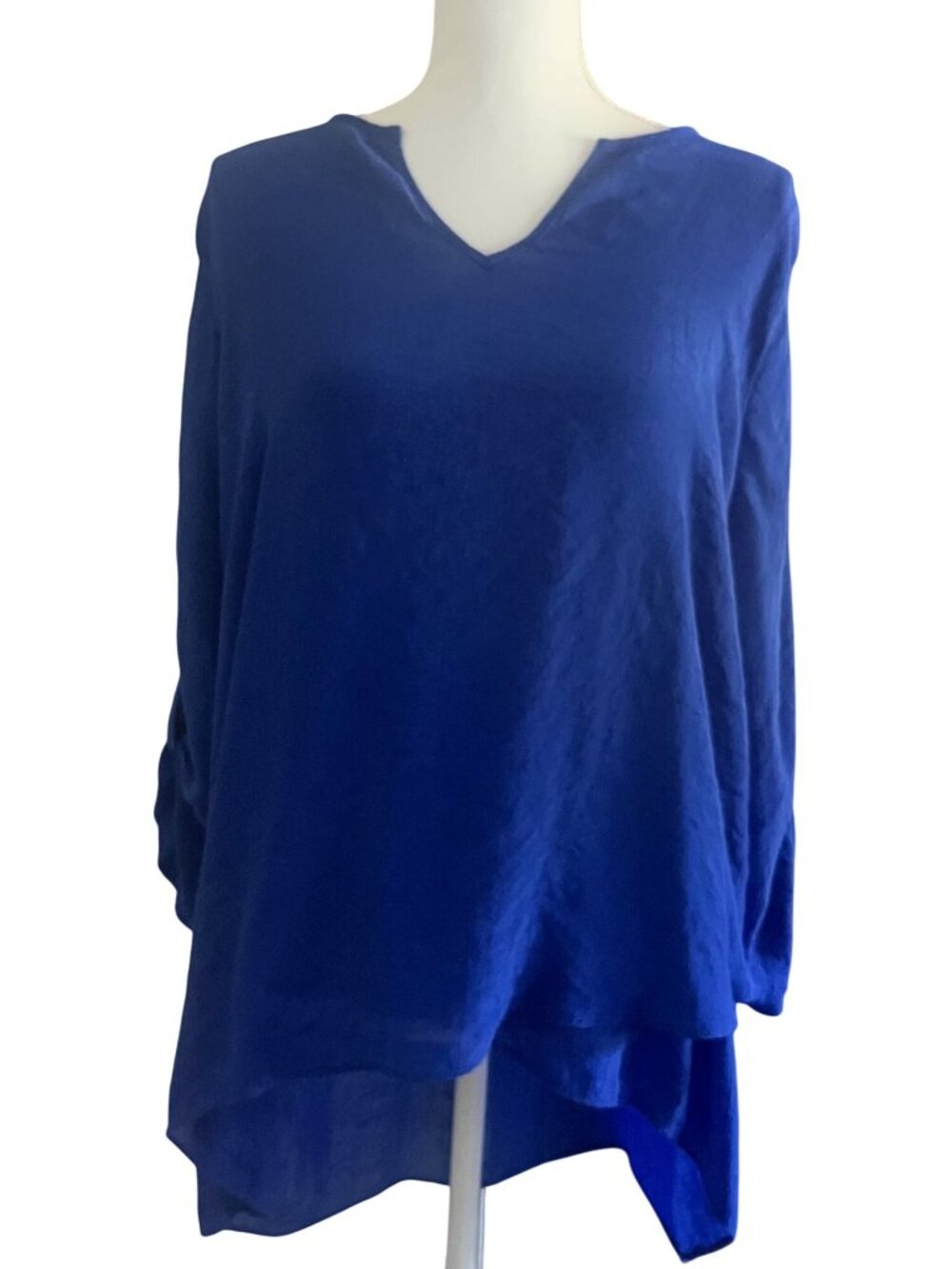 Royal Blue V-Neck High Low Asymmetrical Blouse Flowy Roll Tab Sleeve Top XXL